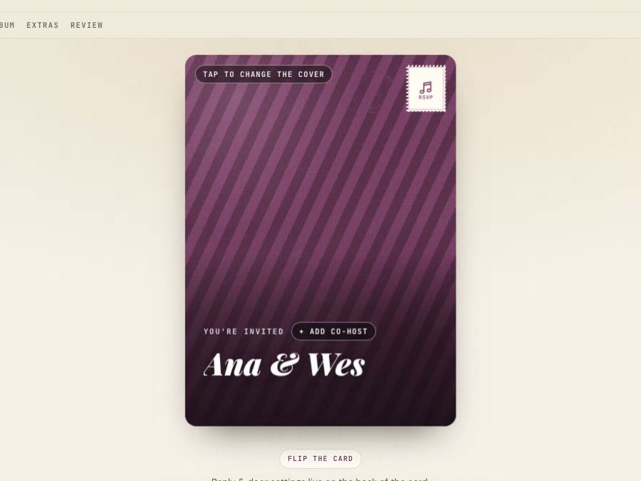 Last Frame — the invite studio, a postcard face the host is still choosing a cover for